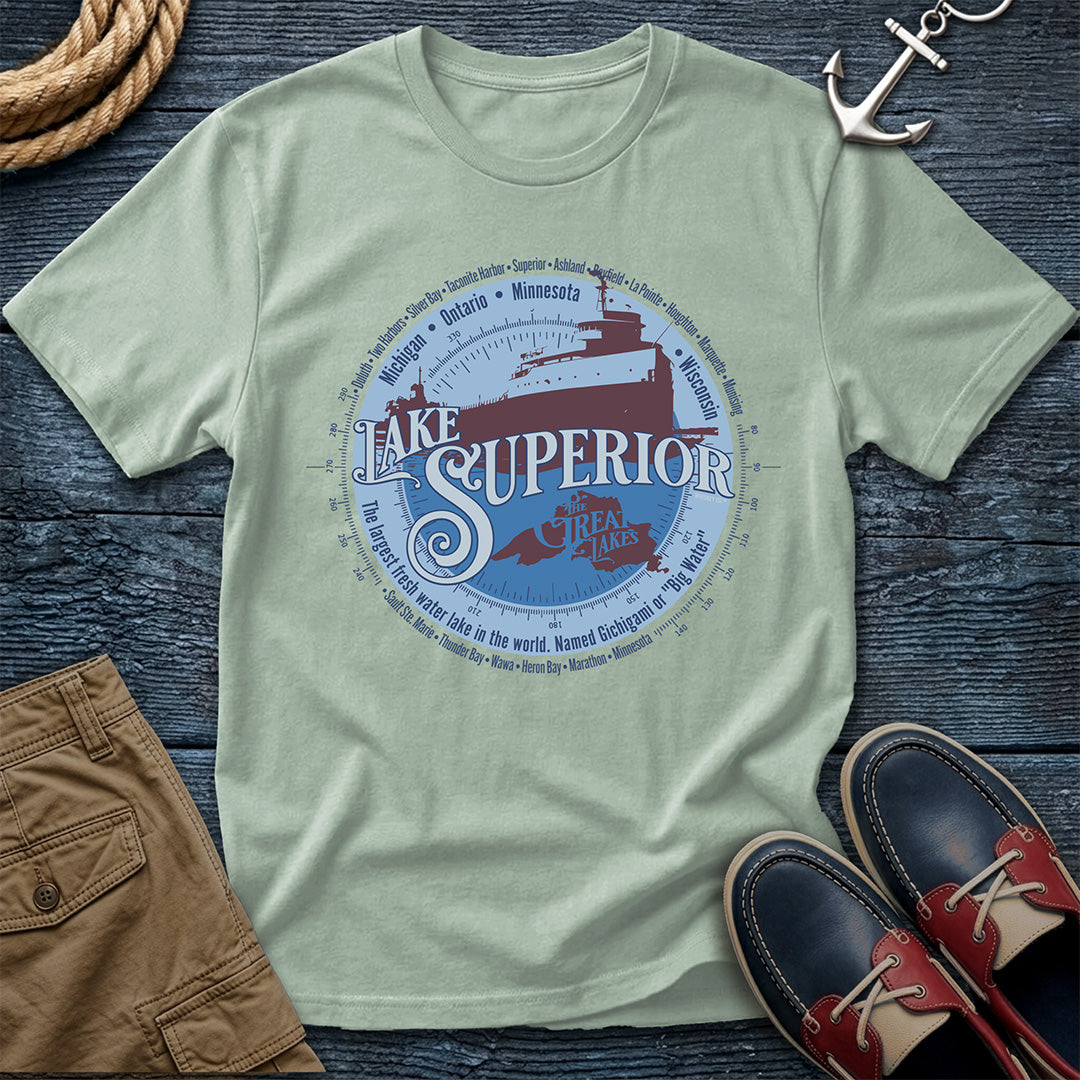 Lake Superior Great Lakes Bay tee. Largest freshwater lake in the world. Freighter silhouette and compass design on Comfort Colors 1717 garment-dyed cotton. For those who know the big water.