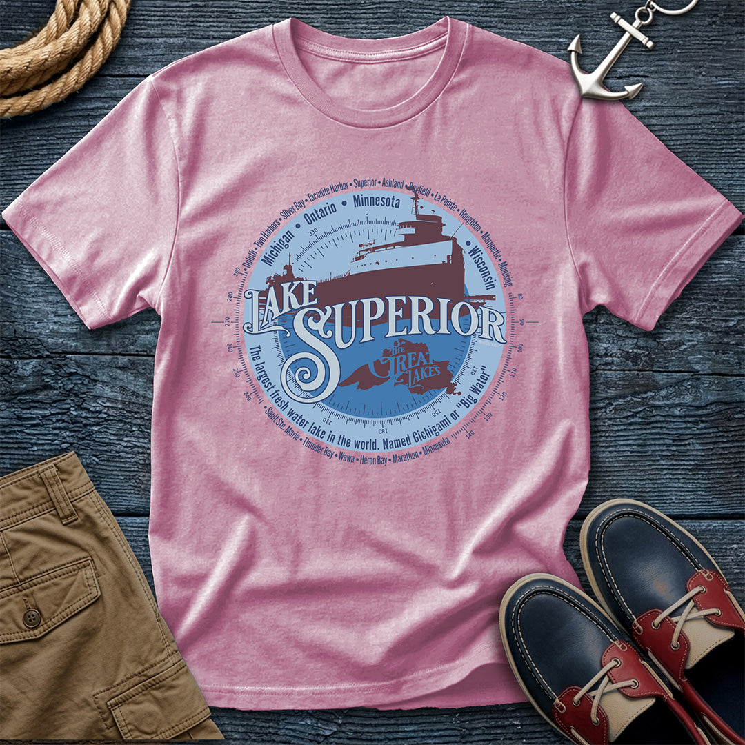 Lake Superior Great Lakes Blossom tee. Largest freshwater lake in the world. Freighter silhouette and compass design on Comfort Colors 1717 garment-dyed cotton. For those who know the big water.
