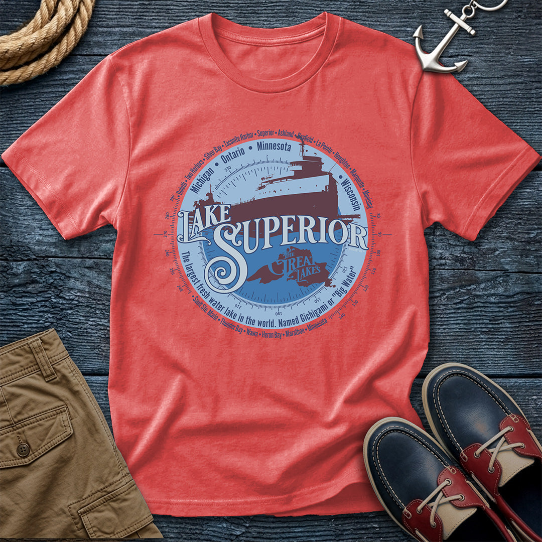 Lake Superior Great Lakes Bright Salmon tee. Largest freshwater lake in the world. Freighter silhouette and compass design on Comfort Colors 1717 garment-dyed cotton. For those who know the big water.