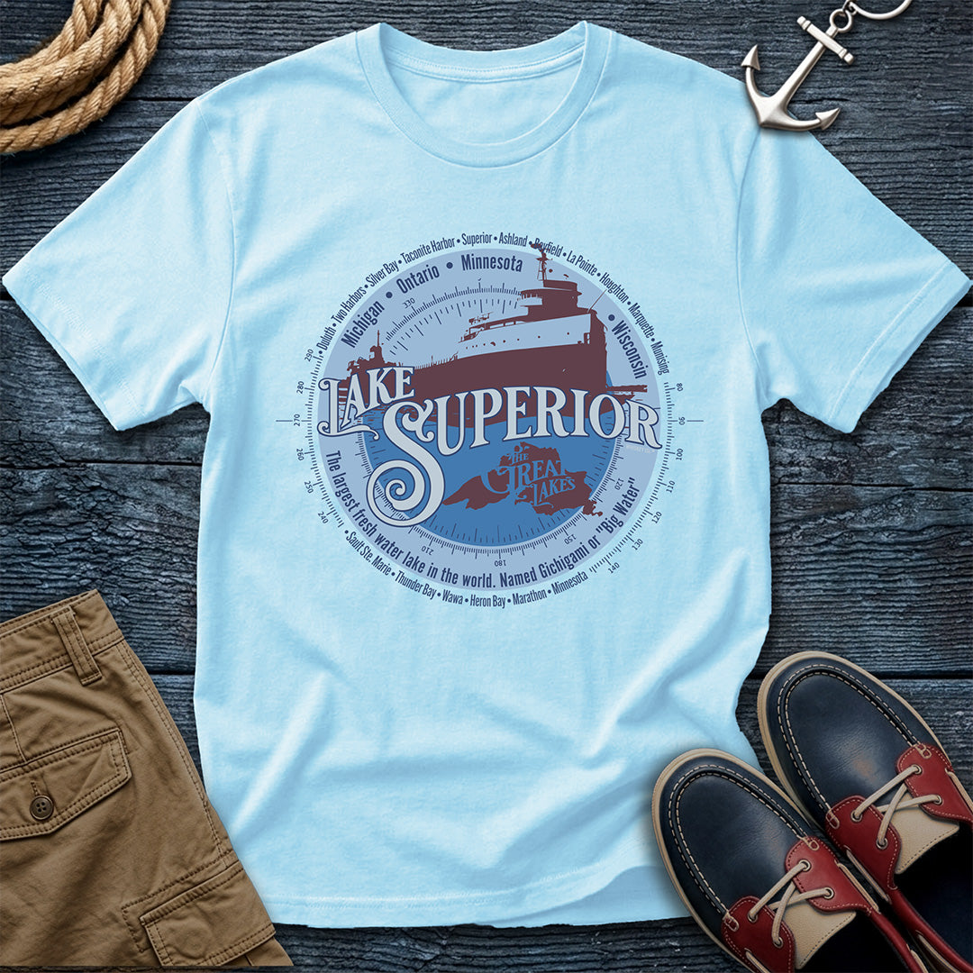 Lake Superior Great Lakes tee. Largest freshwater lake in the world. Freighter silhouette and compass design on Comfort Colors 1717 garment-dyed cotton. For those who know the big water.