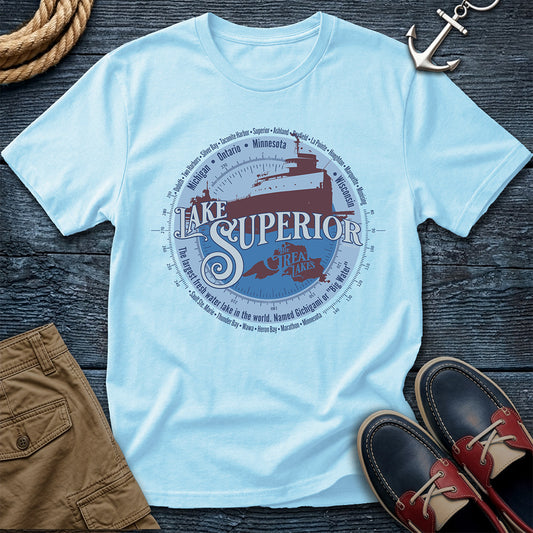 Lake Superior Great Lakes tee. Largest freshwater lake in the world. Freighter silhouette and compass design on Comfort Colors 1717 garment-dyed cotton. For those who know the big water.