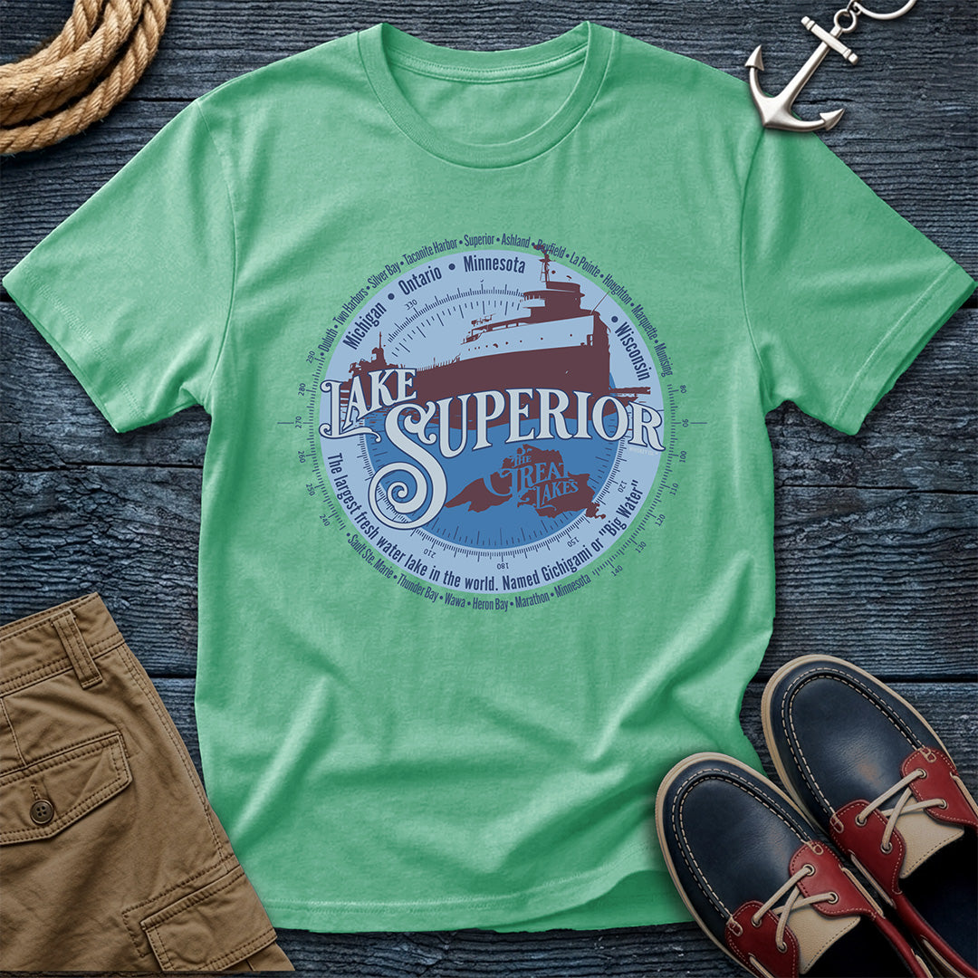 Lake Superior Great Lakes Island Reef tee. Largest freshwater lake in the world. Freighter silhouette and compass design on Comfort Colors 1717 garment-dyed cotton. For those who know the big water.