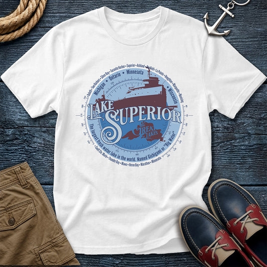 Lake Superior Great Lakes White tee. Largest freshwater lake in the world. Freighter silhouette and compass design on Comfort Colors 1717 garment-dyed cotton. For those who know the big water.