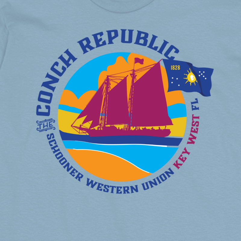  The Conch Republic a colorful graphic of the iconic tall ship The Schooner Western Union Light blue t-shirt Key West