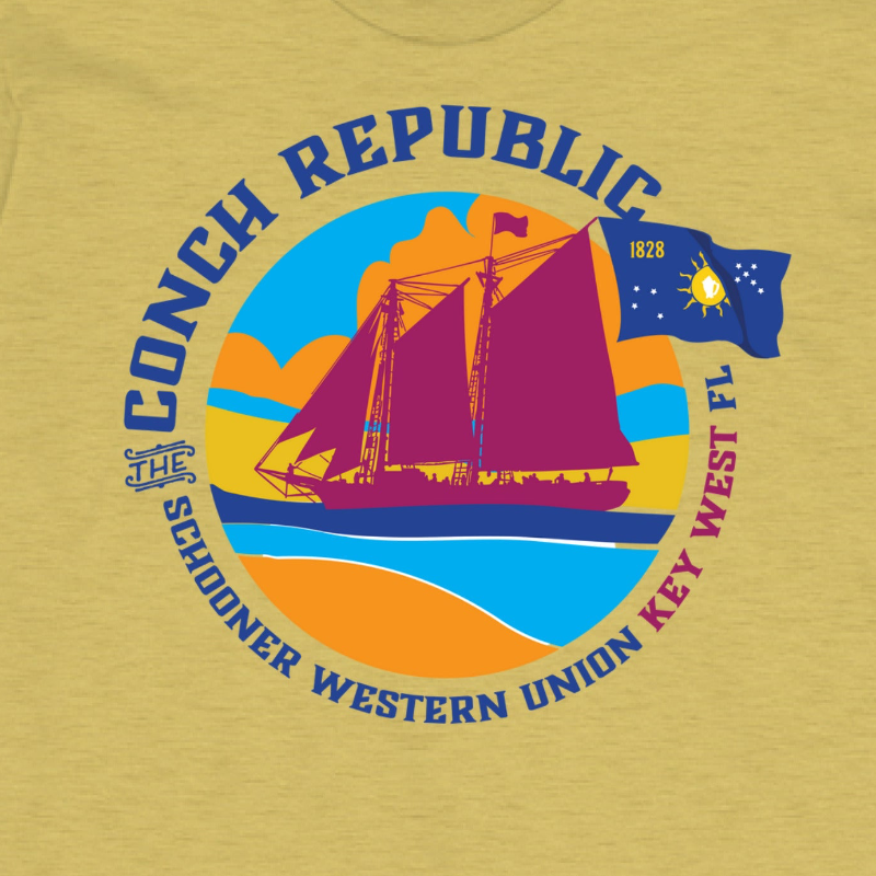 Conch Republic T-shirt with a ship and a 1828 flag design on a yellow t-shirt The Schooner Western Union Key West 
