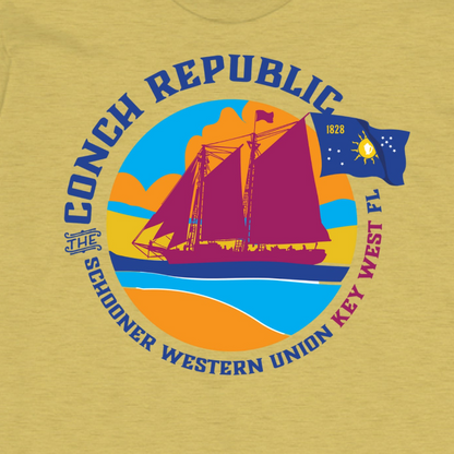 Conch Republic T-shirt with a ship and a 1828 flag design on a yellow t-shirt The Schooner Western Union Key West 