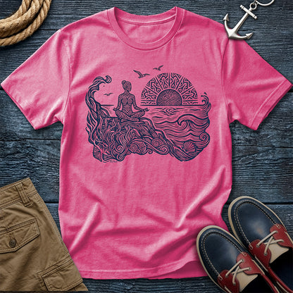 Sunrise Shore Meditation Tee in Crunchberry, Comfort Colors 1717 garment-dyed shirt with a seated shoreline figure, rising sun, geometric mandala, waves, shells, kelp, and circling gulls.