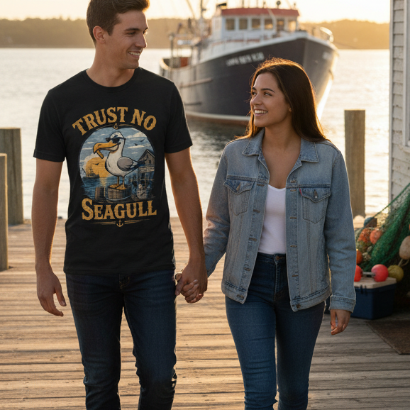 A man and a woman holding hands walking on a wooden dock at sunset, with a large boat in the water behind them. The man is wearing a black graphic t-shirt with a seagull illustration and the words 'TRUST NO SEAGULL' in yellow.