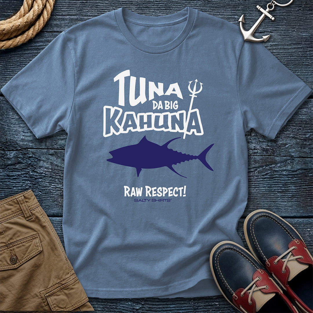 Tuna Da Big Kahuna T-Shirt in Blue Jean — coastal fishing graphic tee on Comfort Colors 1717