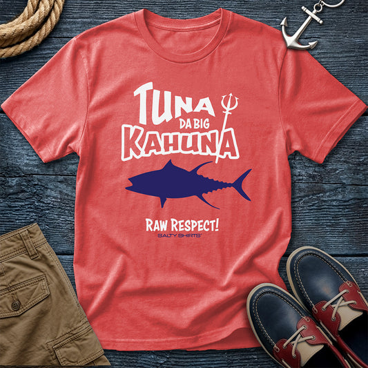 Tuna Da Big Kahuna T-Shirt in Bright Salmon — coastal fishing graphic tee on Comfort Colors 1717