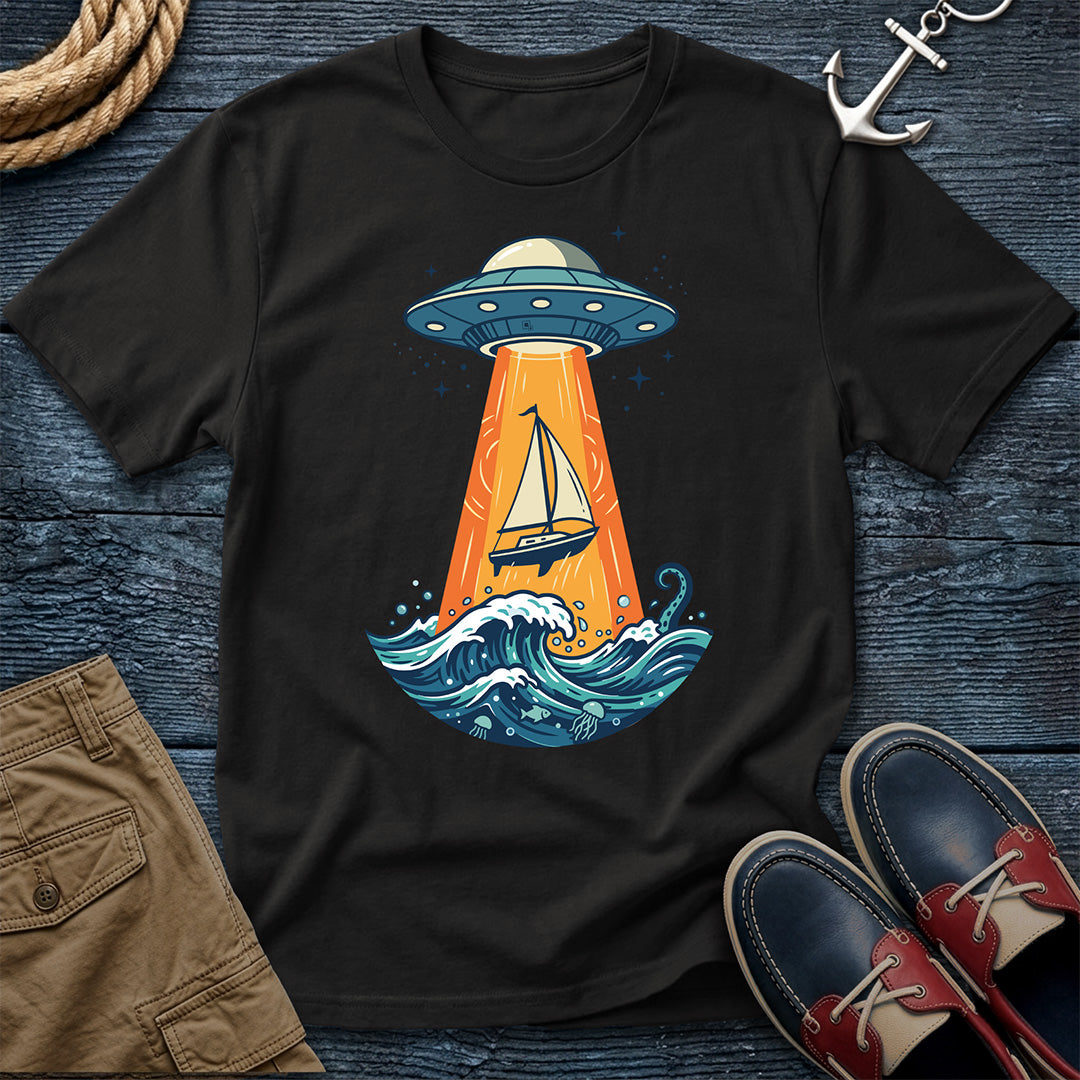 UFO Sailboat Abduction Tee in Black – funny nautical sci-fi graphic t-shirt by Salty Shirts