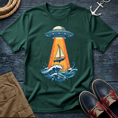 UFO Sailboat Abduction Tee in Black – funny nautical sci-fi graphic t-shirt byBlue Spruce Salty Shirts