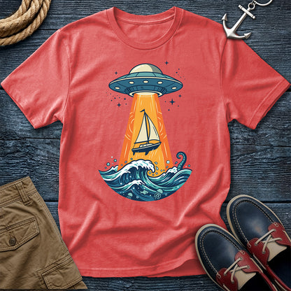 UFO Sailboat Abduction Tee in Bright Salmon – funny nautical sci-fi graphic t-shirt by Salty Shirts
