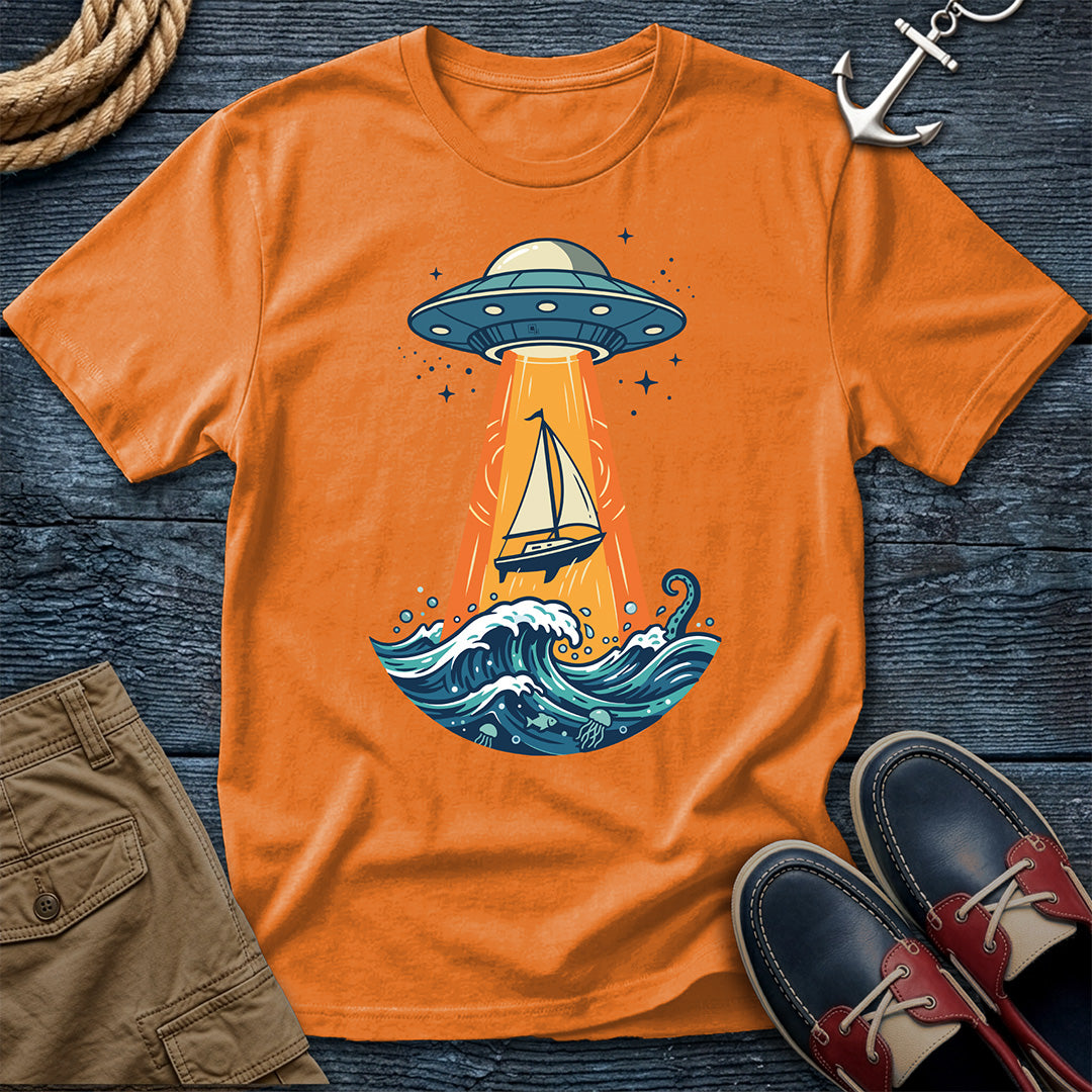 UFO Sailboat Abduction Tee in Orange – funny nautical sci-fi graphic t-shirt by Salty Shirts