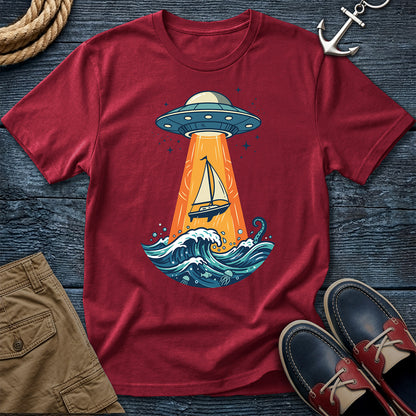 UFO Sailboat Abduction Tee in Chili – funny nautical sci-fi graphic t-shirt by Salty Shirts