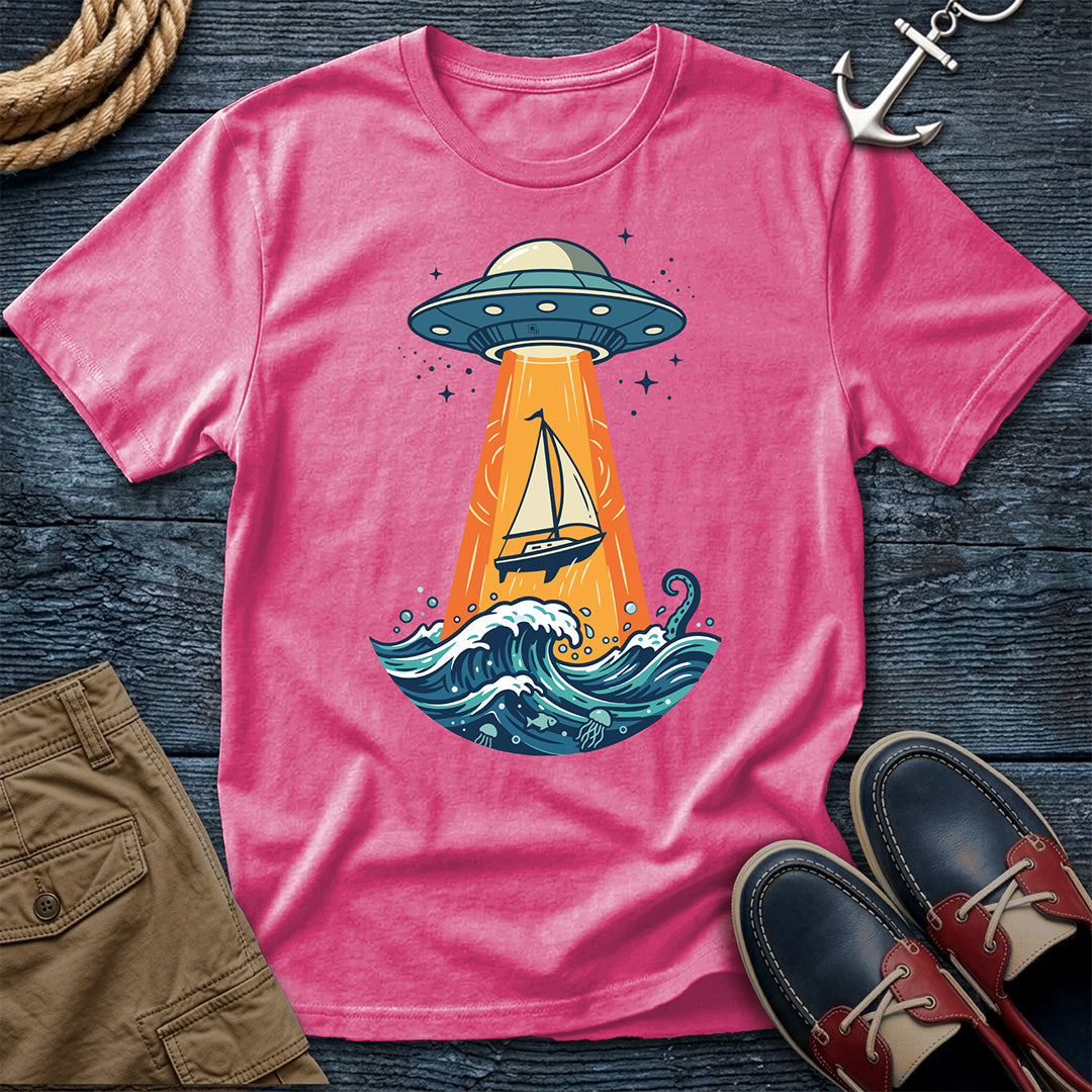 UFO Sailboat Abduction Tee in Crunchberry – funny nautical sci-fi graphic t-shirt by Salty Shirts