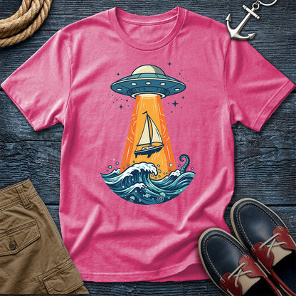 UFO Sailboat Abduction Tee in Crunchberry – funny nautical sci-fi graphic t-shirt by Salty Shirts