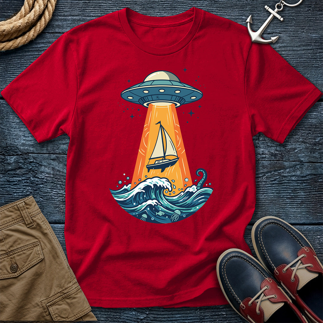 UFO Sailboat Abduction Tee in Red – funny nautical sci-fi graphic t-shirt by Salty Shirts
