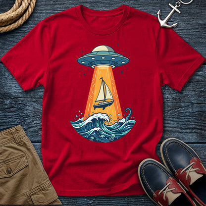 UFO Sailboat Abduction Tee in Red – funny nautical sci-fi graphic t-shirt by Salty Shirts