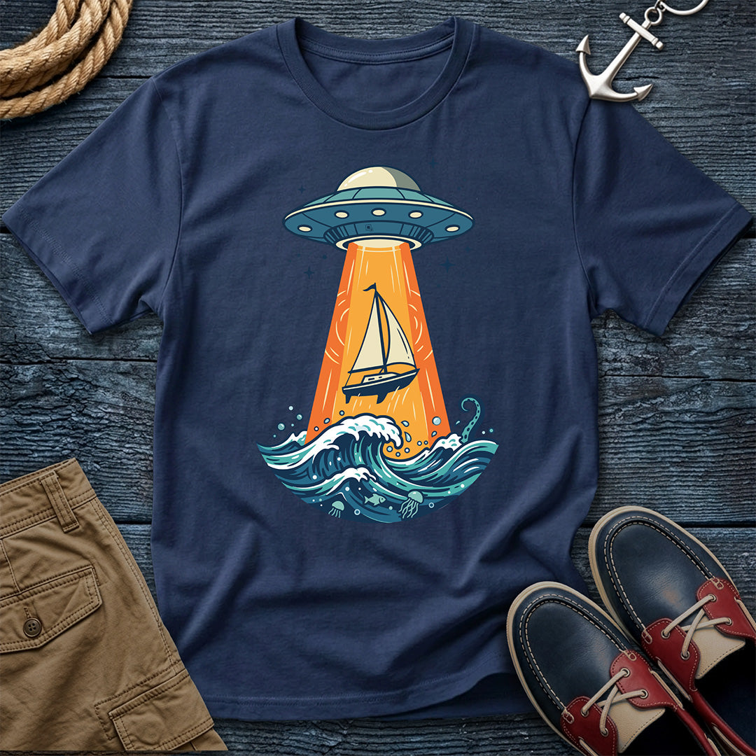 UFO Sailboat Abduction Tee in Navy – funny nautical sci-fi graphic t-shirt by Salty Shirts