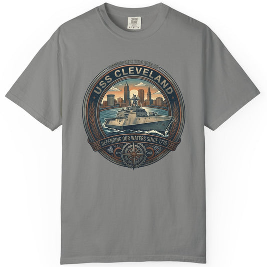 Gray t-shirt with USS Cleveland graphic design on a white background