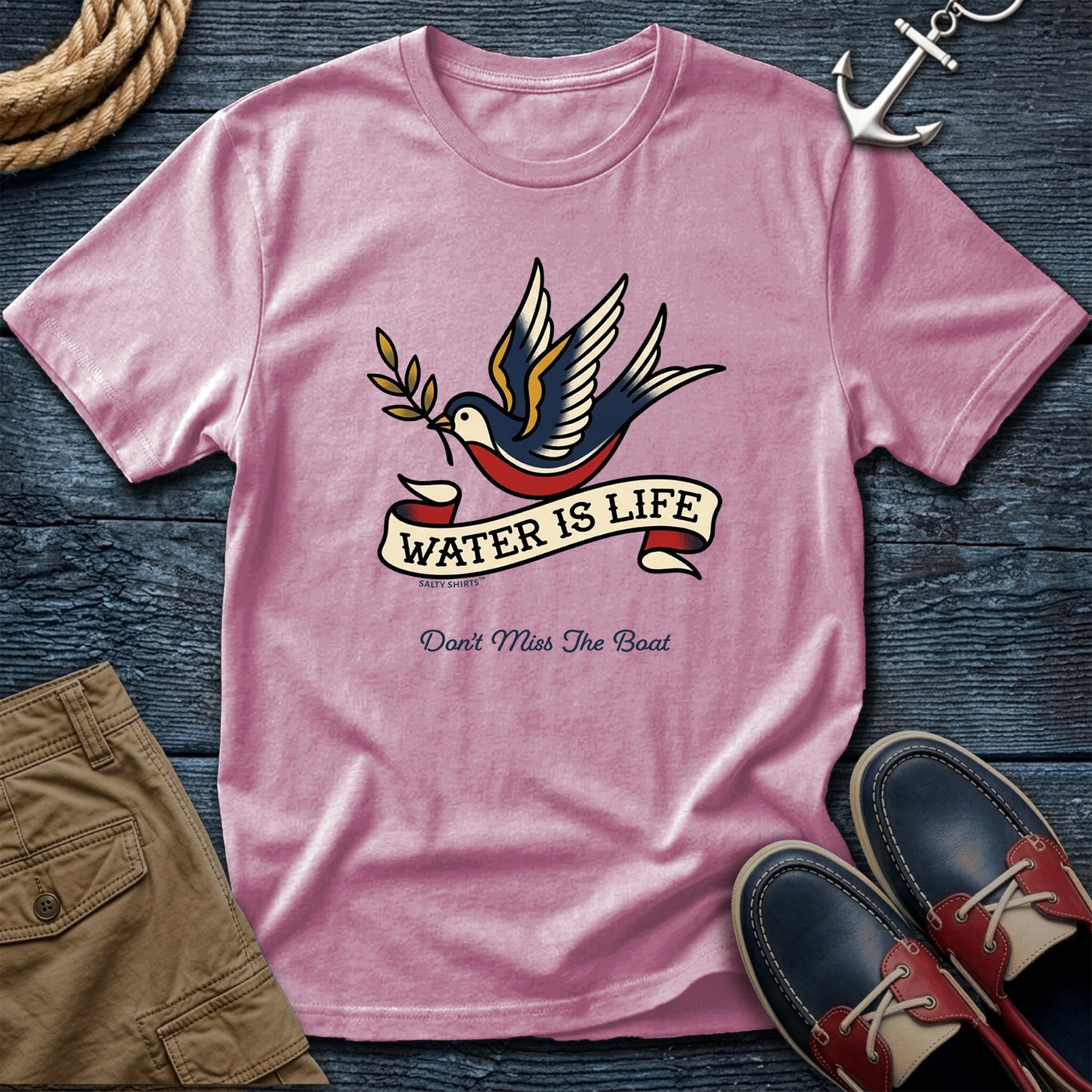 Water is Life Don't Miss the Boat T-Shirt in Blossom — nautical dove tee on Comfort Colors 1717