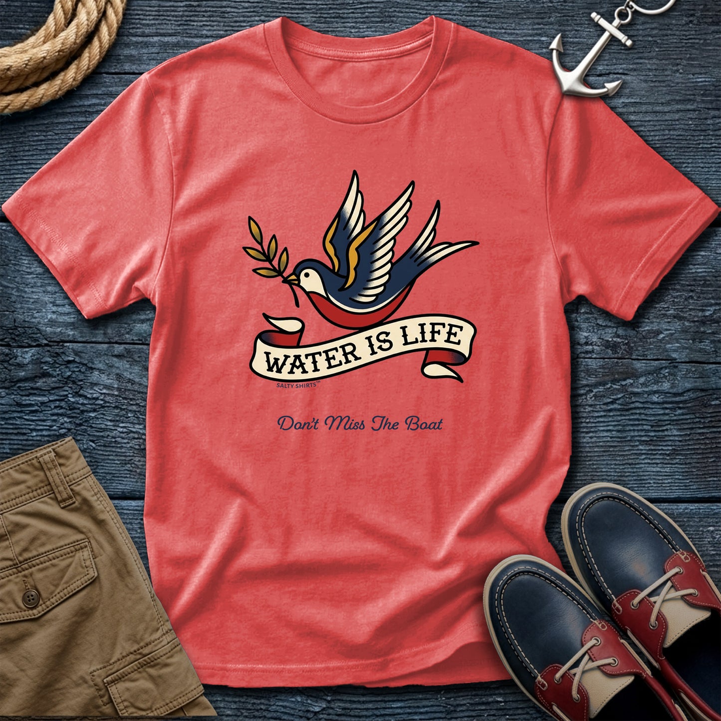 Water is Life Don't Miss the Boat T-Shirt in Bright Salmon — nautical dove tee on Comfort Colors 1717
