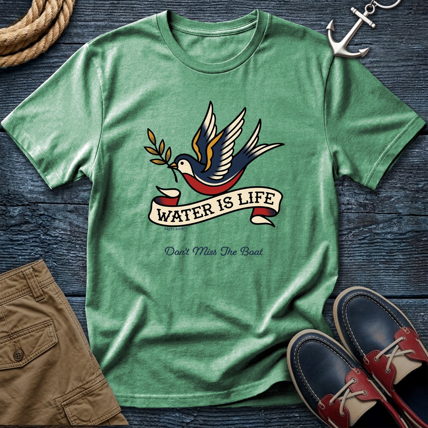Water is Life Don't Miss the Boat T-Shirt in Island Reef — nautical dove tee on Comfort Colors 1717