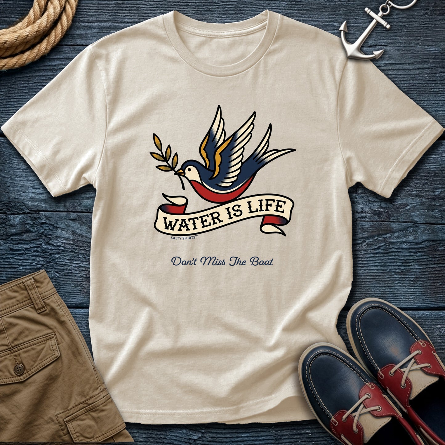 Water is Life Don't Miss the Boat T-Shirt in Ivory — nautical dove tee on Comfort Colors 1717