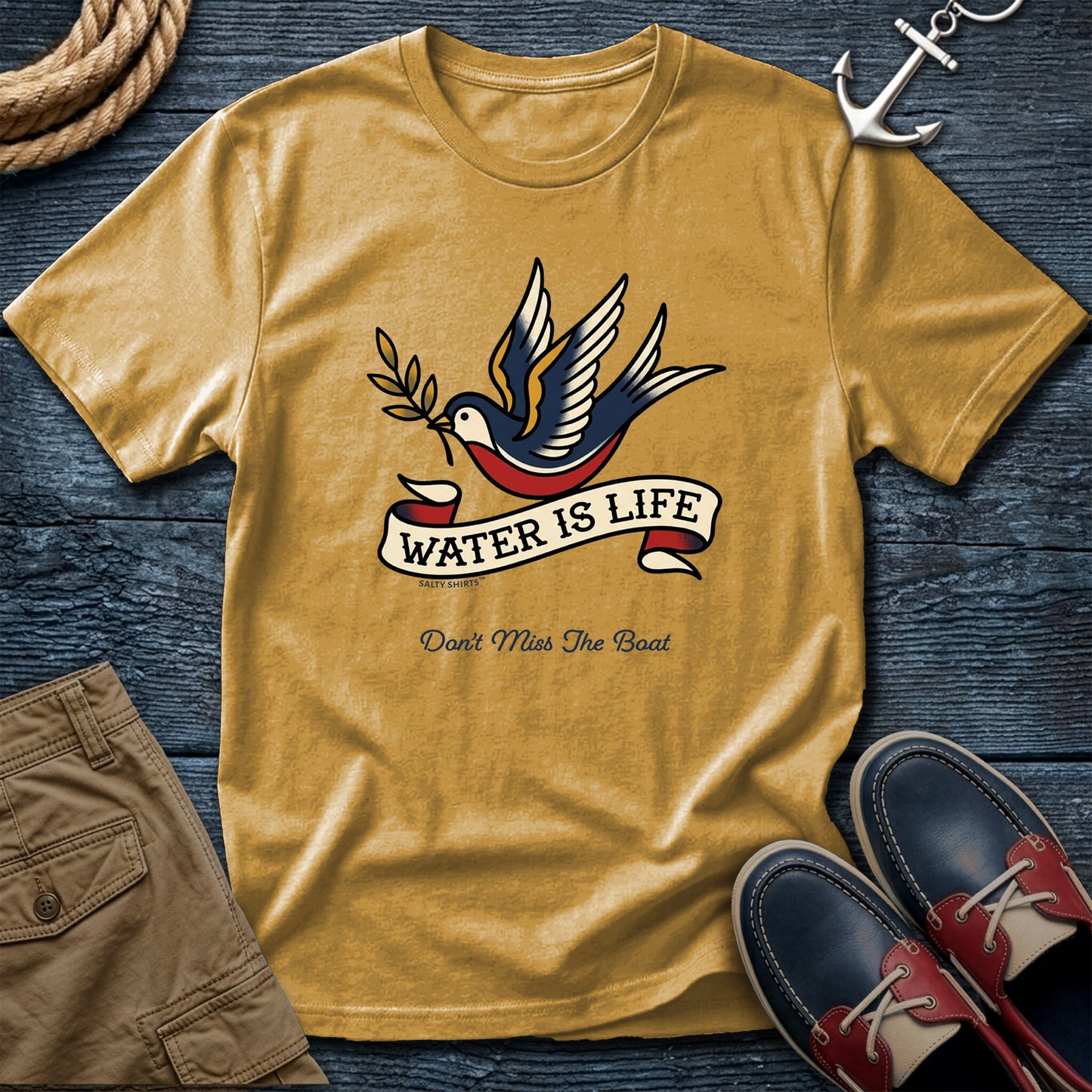Water is Life Don't Miss the Boat T-Shirt in Mustard — nautical dove tee on Comfort Colors 1717