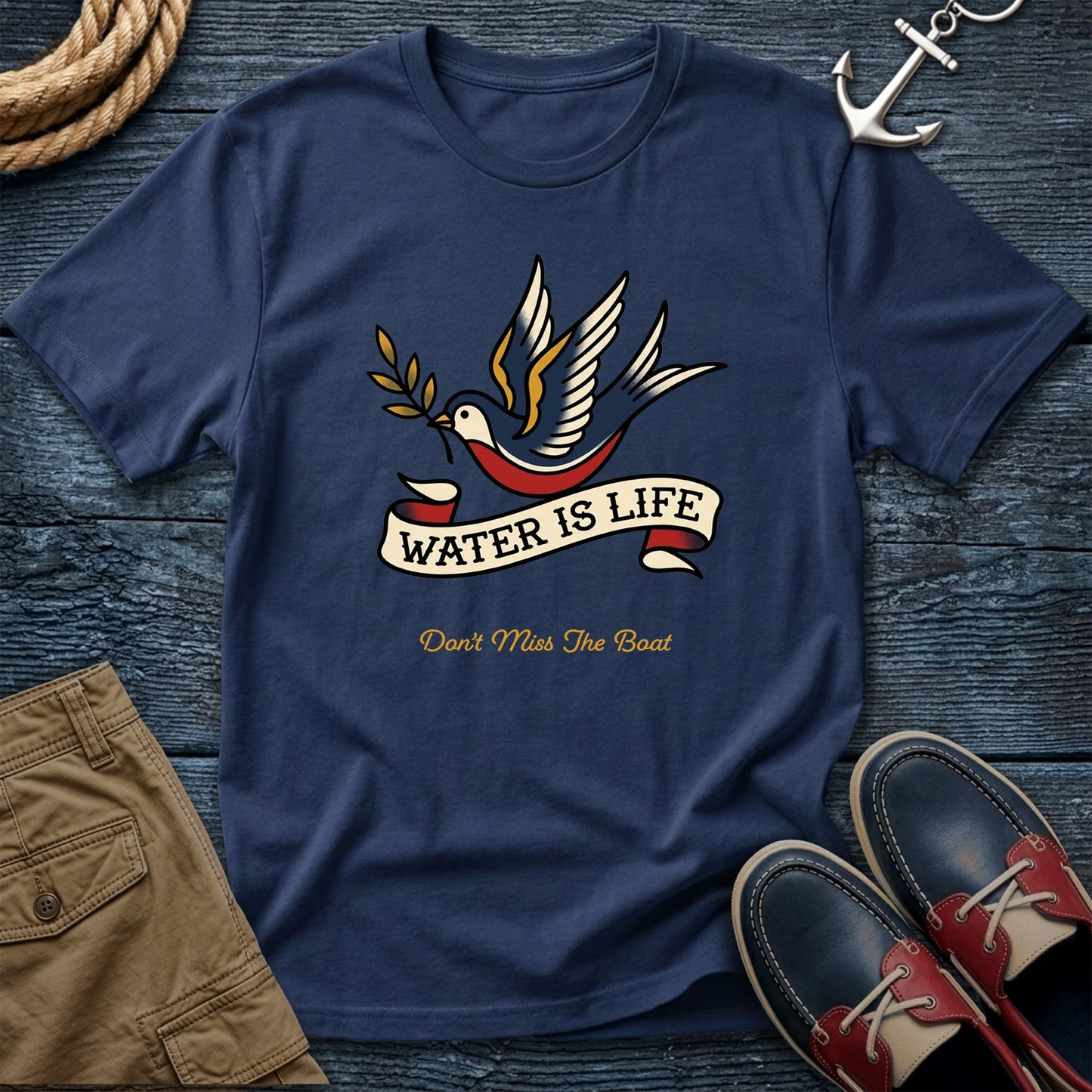 Water is Life Don't Miss the Boat T-Shirt in Navy — nautical dove tee on Comfort Colors 1717