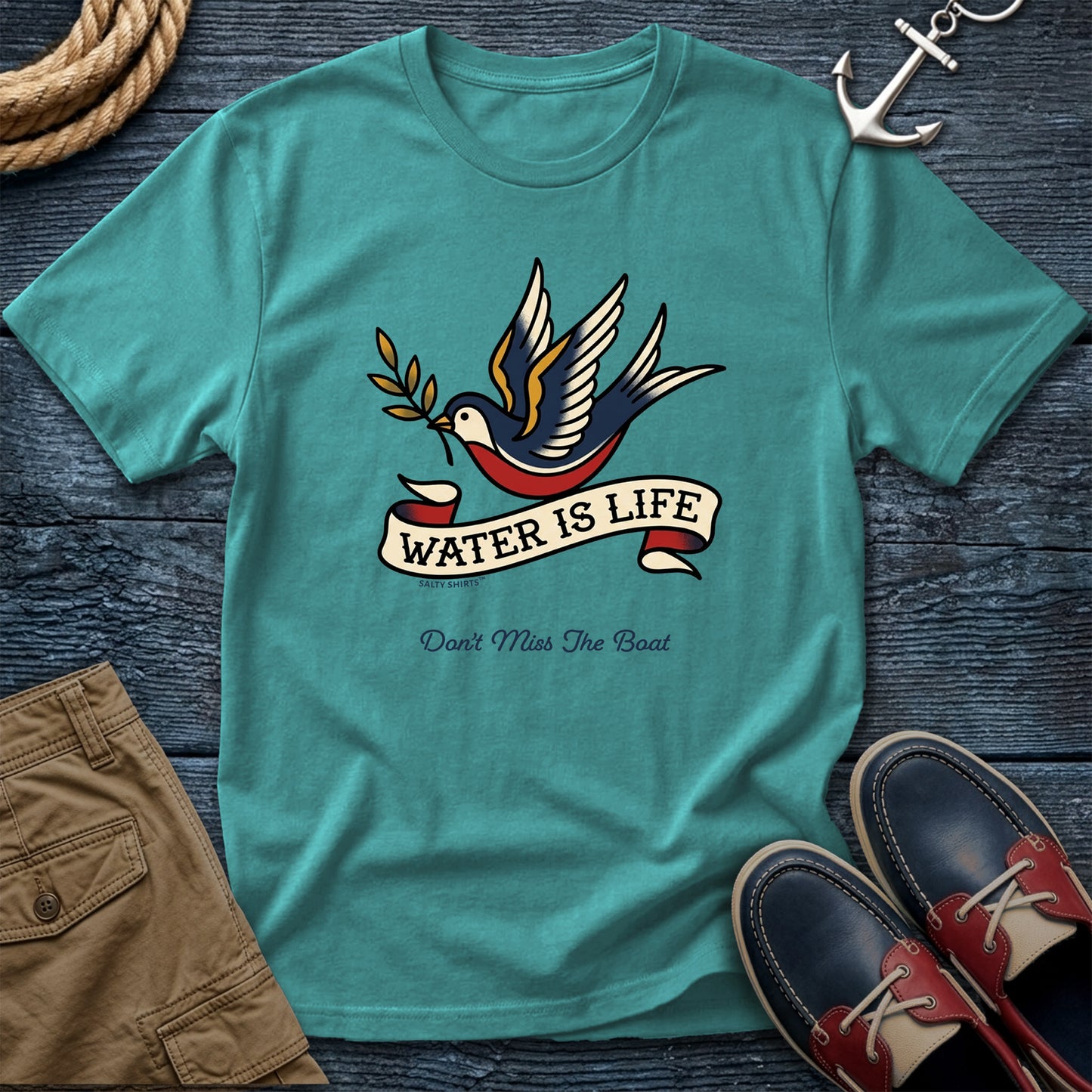 Water is Life Don't Miss the Boat T-Shirt in Sea Foam — nautical dove tee on Comfort Colors 1717