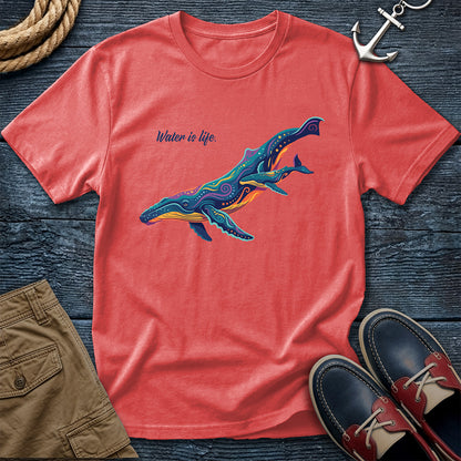 Water is Life Humpback Whale Tee in Bright Salmon– coastal graphic t-shirt by Salty Shirts