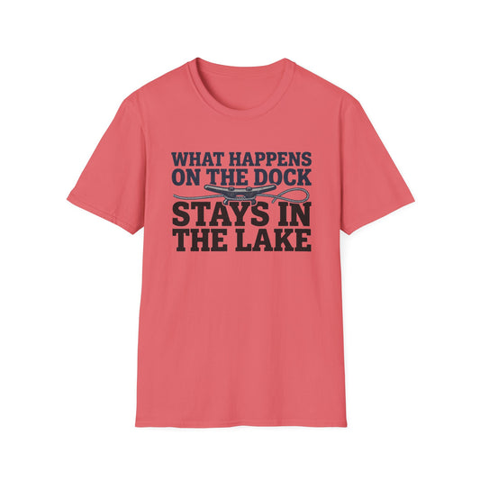 Salmon t-shirt with text 'What happens on the dock stays in the lake' on a white background