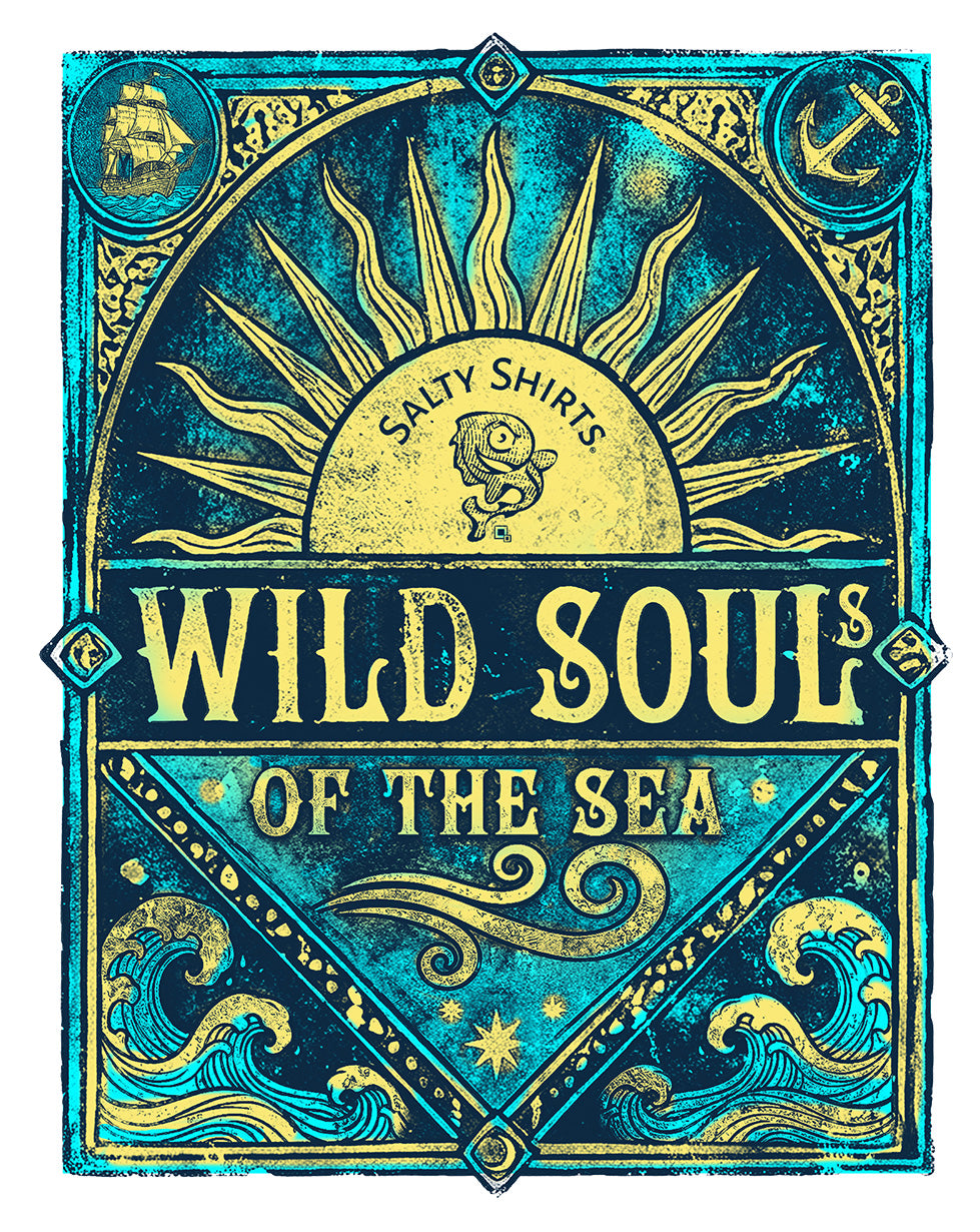 Decorative poster design with 'Salty Shirts Wild Souls of the Sea' text and nautical symbols on a blue background.