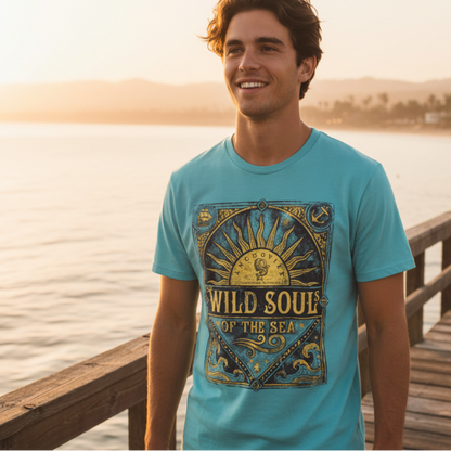 A smiling man standing on a wooden dock by the ocean at sunset, wearing a bright turquoise graphic T-shirt with a large sun and ornate blue/yellow design that reads 'WILD SOULs OF THE SEA.'.