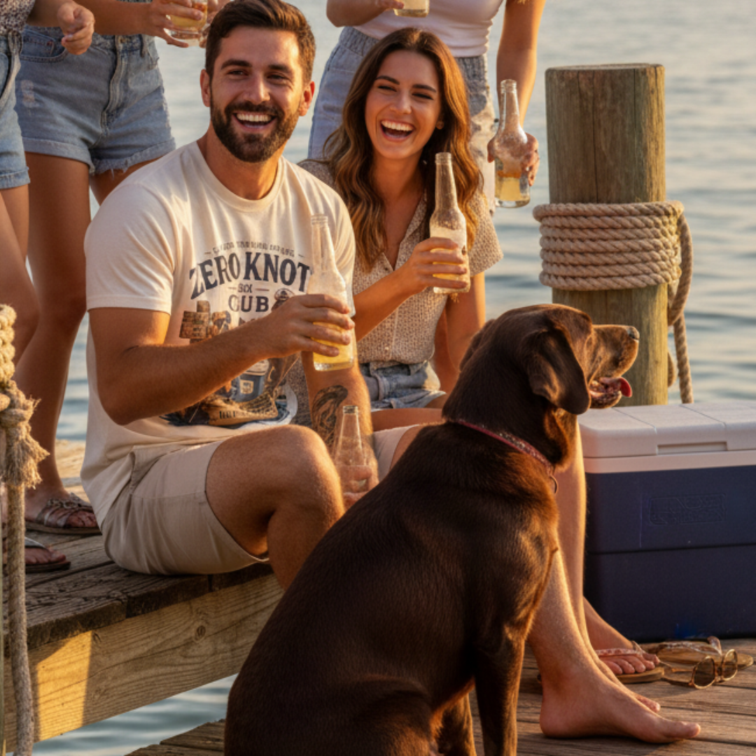 A group of five friends laughing and toasting on a wooden dock by the water at sunset, with a brown dog sitting in the foreground holding a beer bottle. They are holding glass and bottle beers.