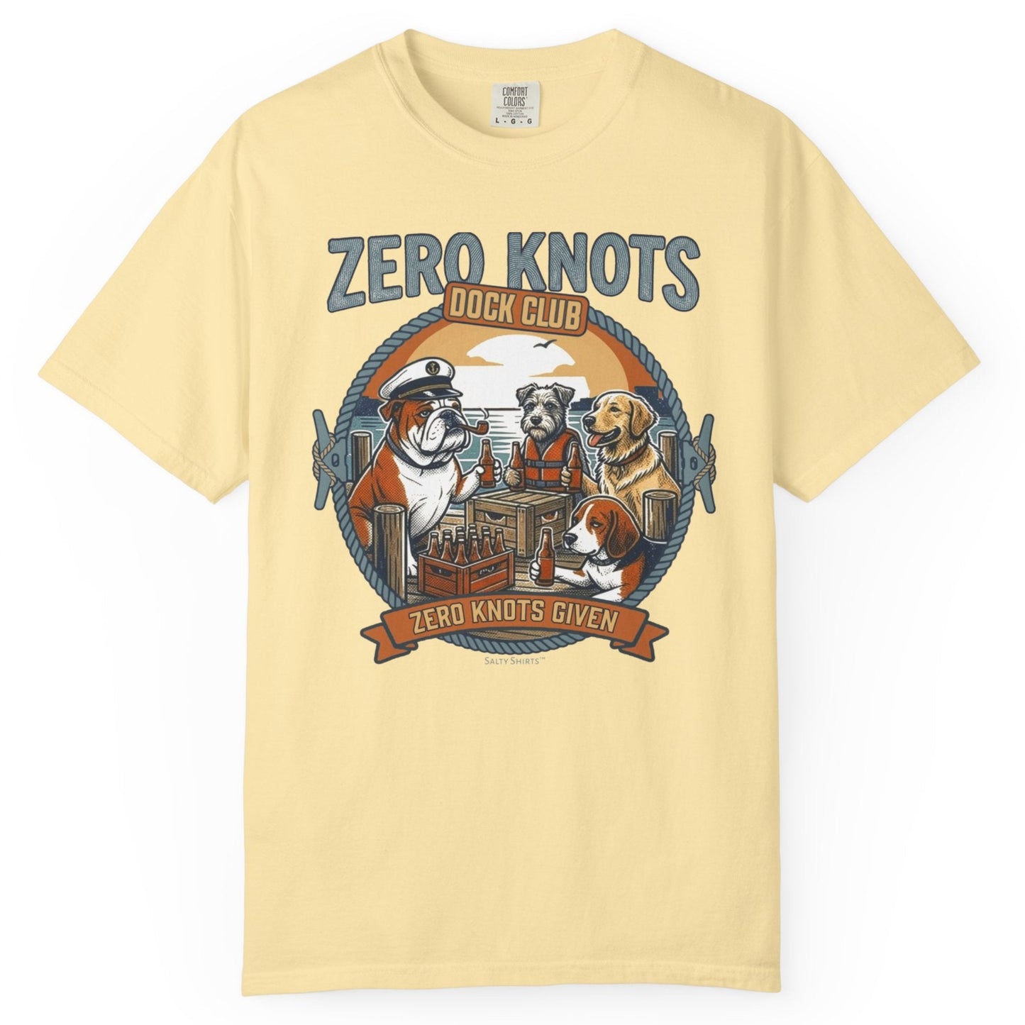 Yellow t-shirt with a graphic of dogs and text 'Zero Knots Dock Club' on a white background