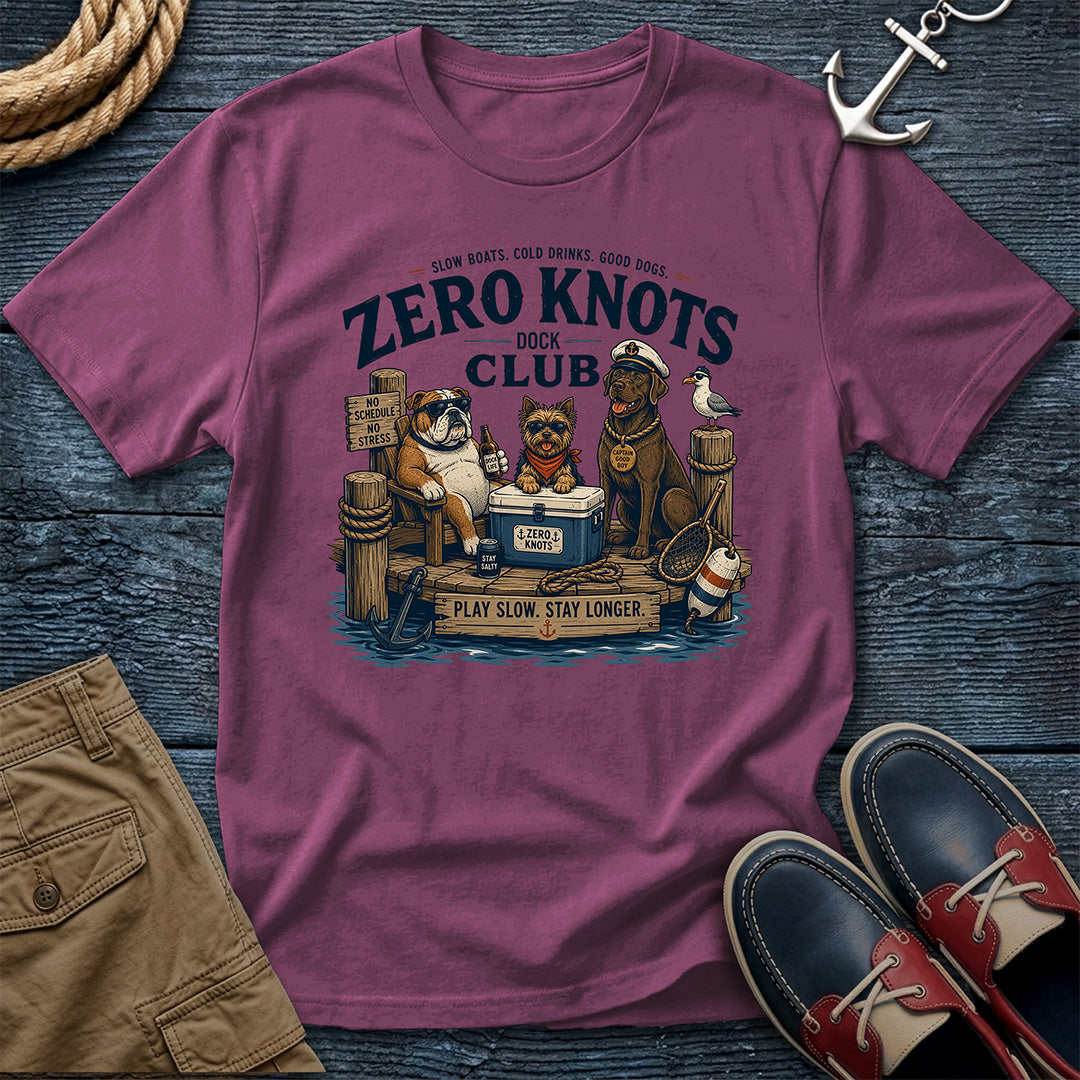 Berry: Zero Knots Dock Club tee in berry — dock dogs graphic shirt, perfect gift for boaters, sailors, and anyone who plays slow and stays longer