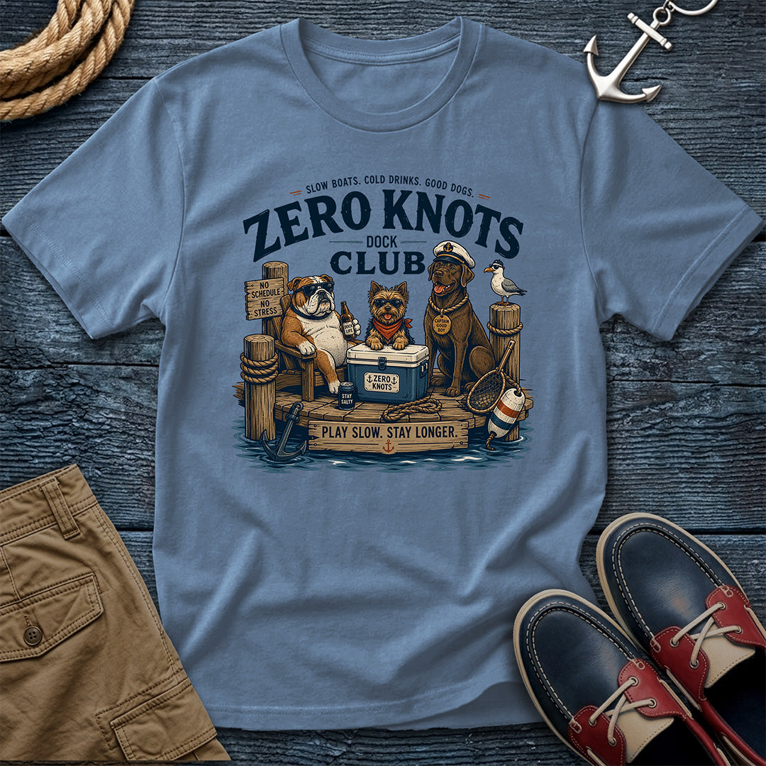 Blue Jean: Zero Knots Dock Club tee in blue jean — casual nautical graphic tee for dock days, boat trips, and lake life lovers