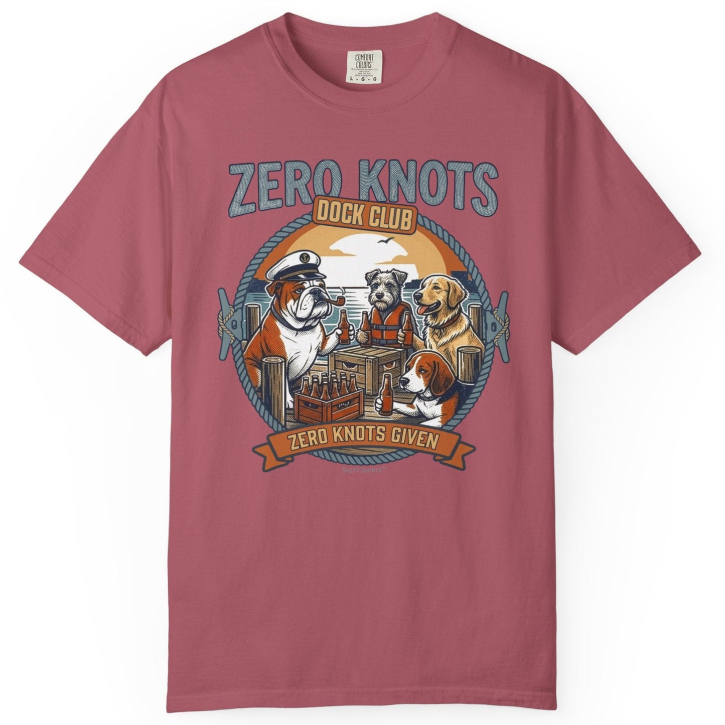 Crimson t-shirt with 'Zero Knots Dock Club' graphic featuring dogs and a sunset.