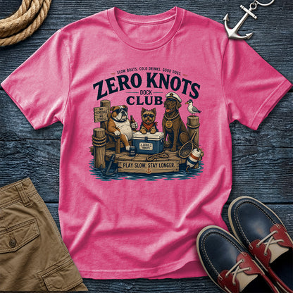 Zero Knots Dock Club tee in crunchberry — dock dogs graphic tee for slow boat days, cold drinks, and good dogs