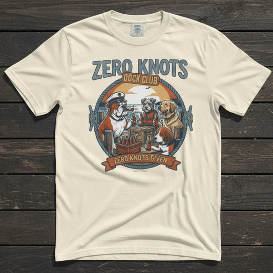 Ivory t-shirt with 'Zero Knots Dock Club' graphic featuring dogs and a dock.