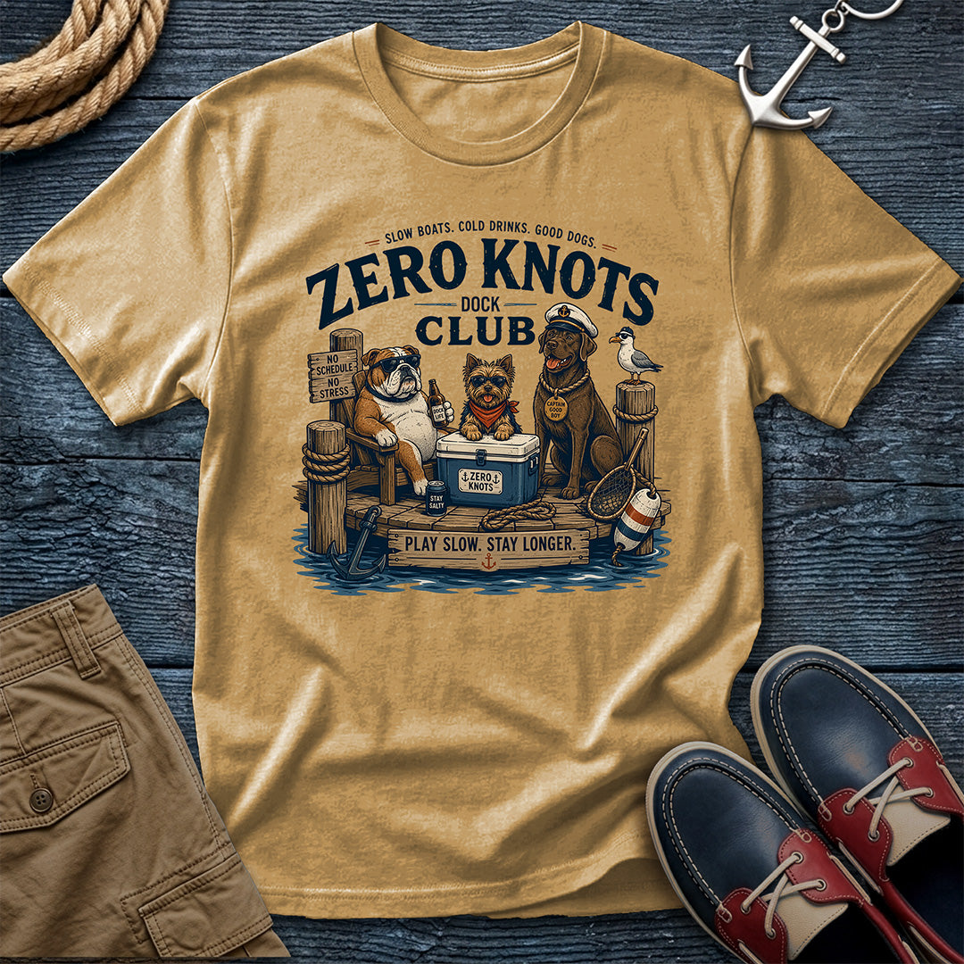 Zero Knots Dock Club tee in mustard — vintage dock dogs graphic shirt for boaters, fishermen, and Great Lakes adventurers