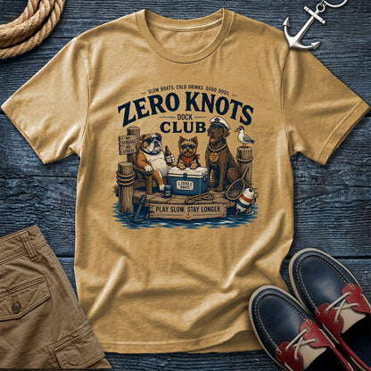Zero Knots Dock Club tee in mustard — vintage dock dogs graphic shirt for boaters, fishermen, and Great Lakes adventurers