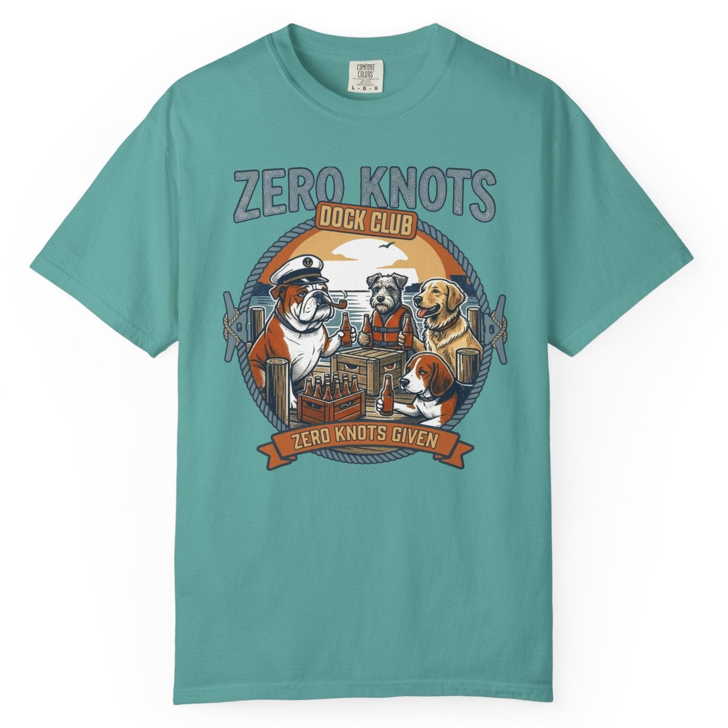 Teal t-shirt with 'Zero Knots Dock Club' graphic featuring dogs and a sunset.