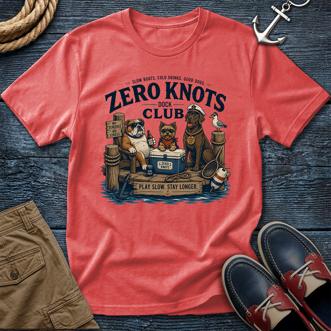 Bright Salmon: Zero Knots Dock Club tee in bright salmon — bold dock dogs graphic tee for beach days, marina hangs, and coastal lifestyle