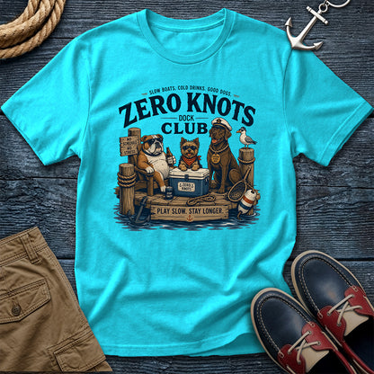 Zero Knots Dock Club tee in lagoon blue — nautical dock dogs graphic shirt for lake life, marina hangs, and coastal casual style