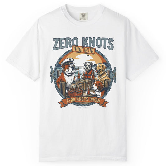 White t-shirt with a graphic design featuring dogs and text on a white background