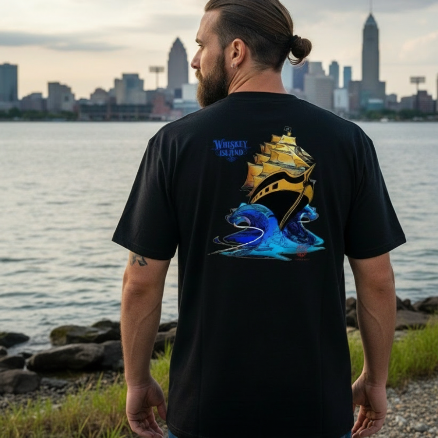 Pirate Ship on Sea-Monsters, Whiskey Island: Men's premium heavyweight tee